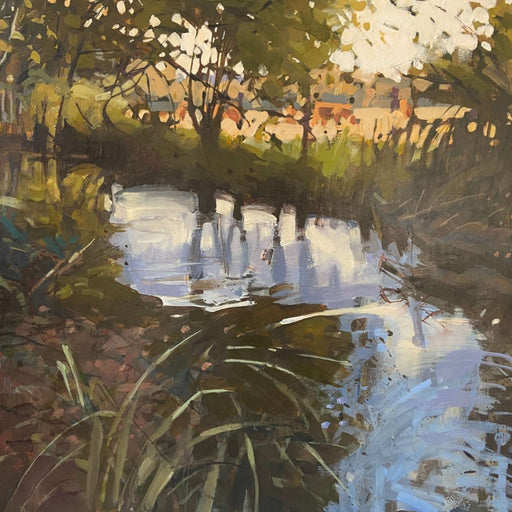 Feet in the Water / The Crossing by Richard Sowman, an original painting of a river and riverbank. | Contemporary art for sale at The Biscuit Factory Newcastle