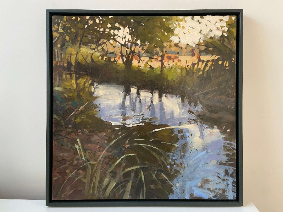 Feet in the Water / The Crossing by Richard Sowman, an original painting of a river and riverbank. | Contemporary art for sale at The Biscuit Factory Newcastle