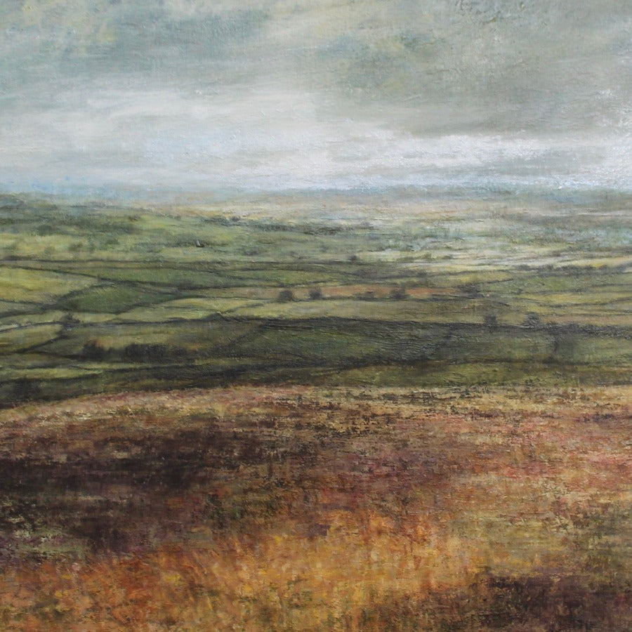Buy 'Fields and Distant Hills', a Northern countryside landscape of patchwork fields by Sue Lawson. Image shows a painting of a patchwork field made up of greens and yellows with a field of reds and yellows in the foreground and a grey atmospheric sky above