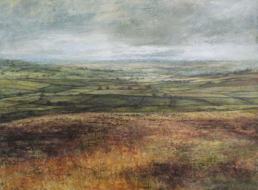 Buy 'Fields and Distant Hills', a Northern countryside landscape of patchwork fields by Sue Lawson. Image shows a painting of a patchwork field made up of greens and yellows with a field of reds and yellows in the foreground and a grey atmospheric sky above.