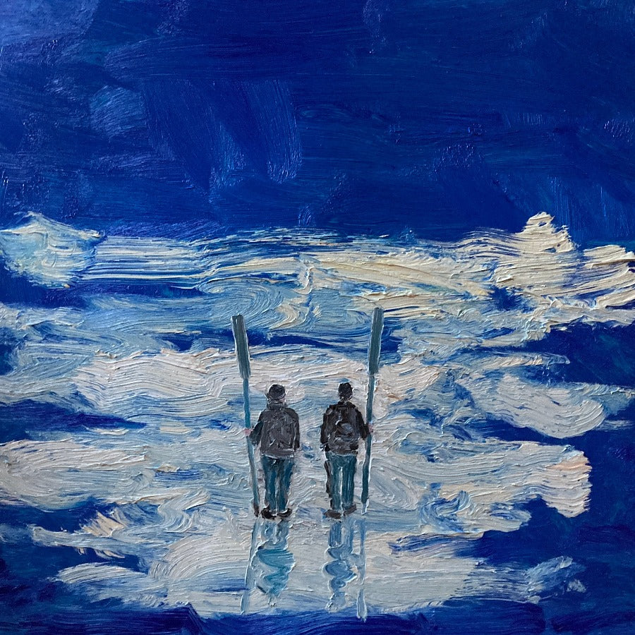 Fishermen's Blues by Stuart Buchanan, an original oil painting of two figures wandering in a blue landscape. | Contemporary art for sale at The Biscuit Factory Newcastle