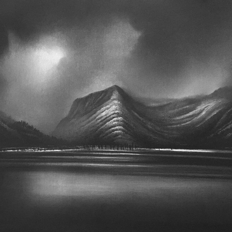 Fleetwith Pike, Buttermere by Chris Knox, an original graphite drawing of Buttermere Lake and mountains in Cumbria. | Original landscape art for sale at The Biscuit Factory Newcastle.