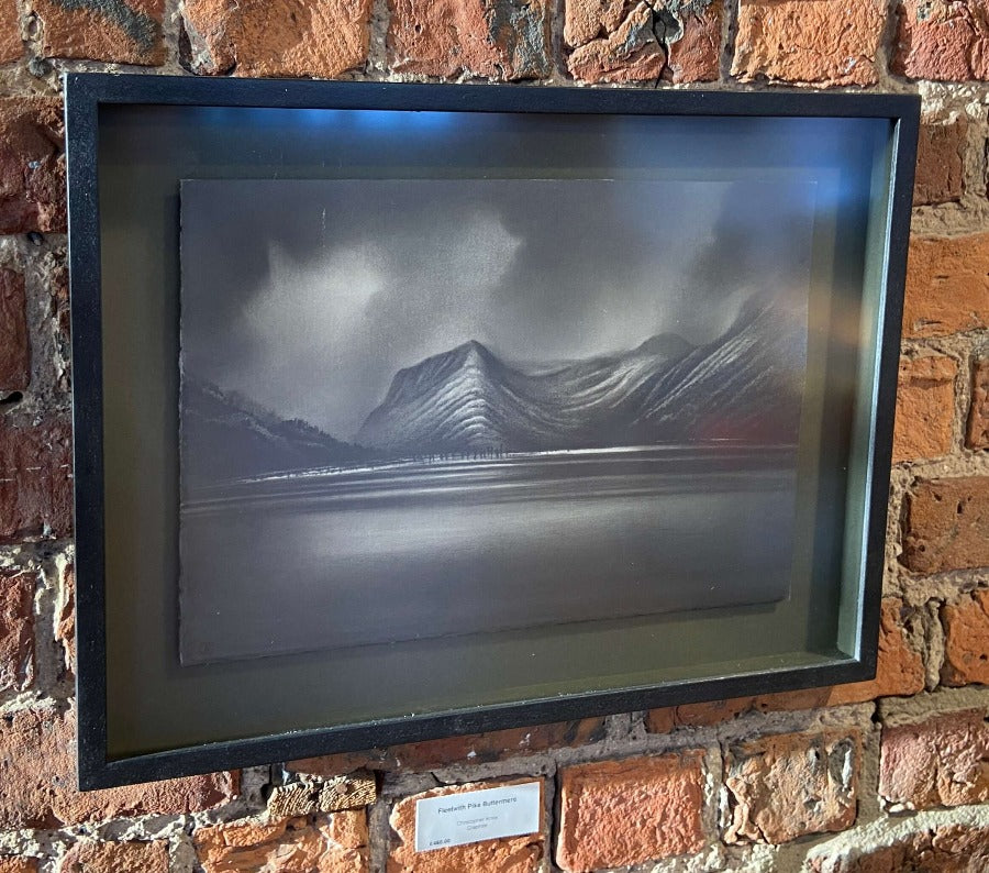 Fleetwith Pike, Buttermere by Chris Knox, an original graphite drawing of Buttermere Lake and mountains in Cumbria. | Original landscape art for sale at The Biscuit Factory Newcastle.