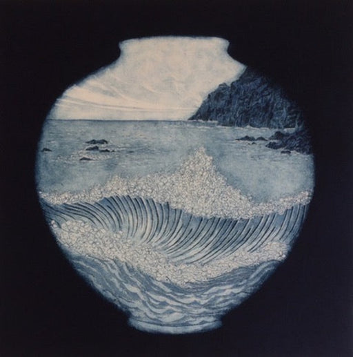 Flowers Across The Ocean by Sally Spens, an original etching of a vase with a landscape. | Contemporary art for sale at The Biscuit Factory Newcastle
