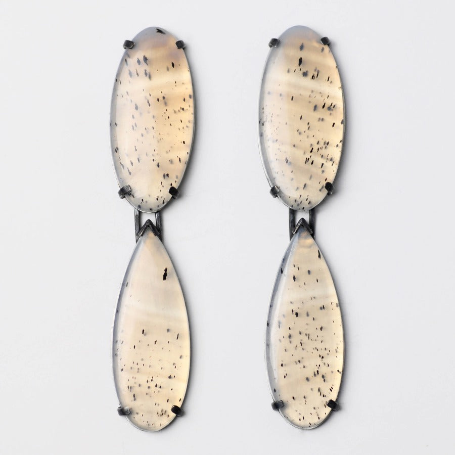 Flux Narmada Earrings by Rebecca Burt - a pair of earrings of two oval agate stones in oxidised silver settings. | Unique handmade jewellery for sale at The Biscuit Factory Newcastle.