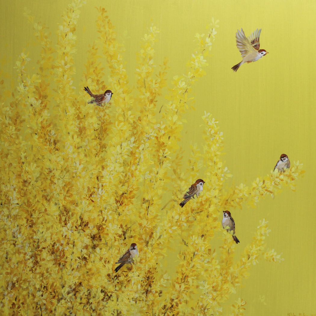 Forsythia Sparrows by Fletcher Prentice, an original oil painting of sparrows on Forsythia branches against a yellow background. | Original art for sale at The Biscuit Factory Newcastle