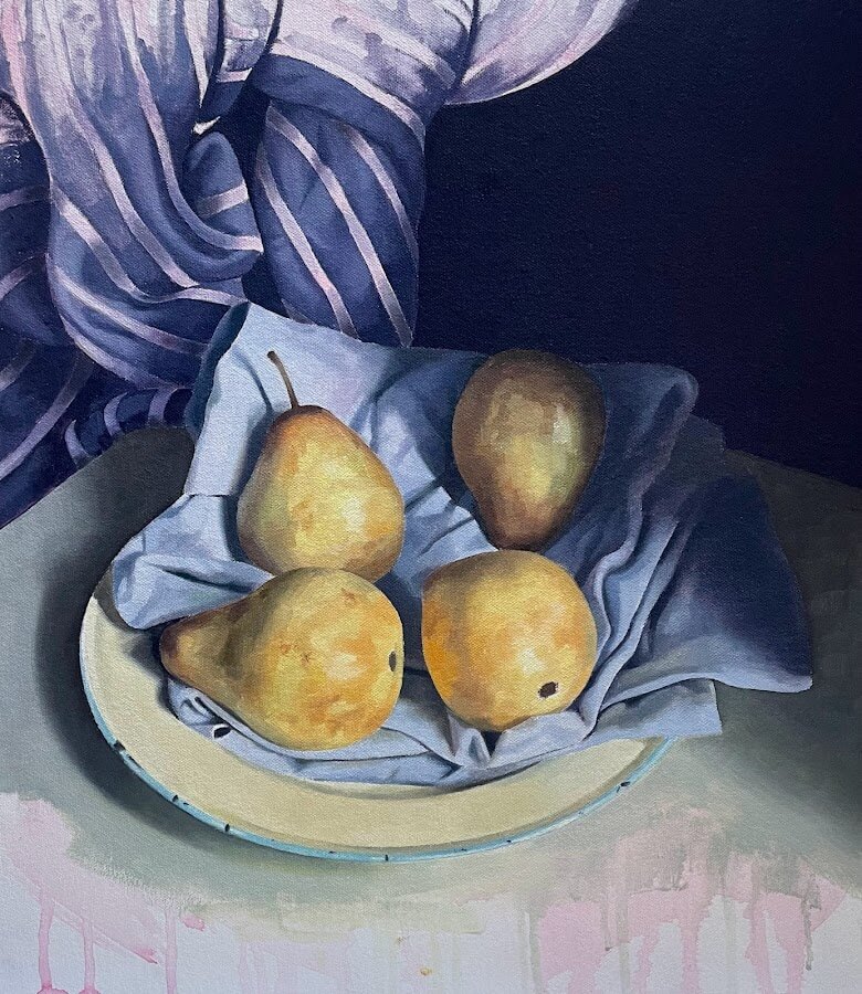 Four Pears on Enamel Plate by Angelo Murphy, an originla oil paitning of four pears. | Contemporary still life art for sale at The Biscuit Factory Newcastle