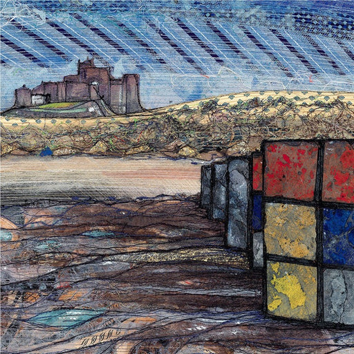 From The  Blocks by Justine Warner, a handmade textile collage of a castle in a coastal landscape. | Contemporary textile art for sale at The Biscuit Factory Newcastle