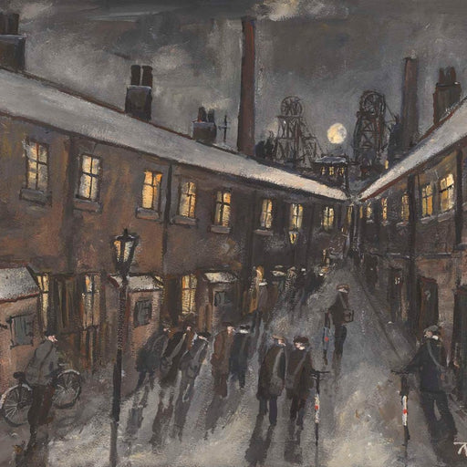 Full Moon by Malcolm Teasdale, an  art print of figures in the street  at night with a full moon above them. | Original art for sale at The Biscuit Factory Newcastle.