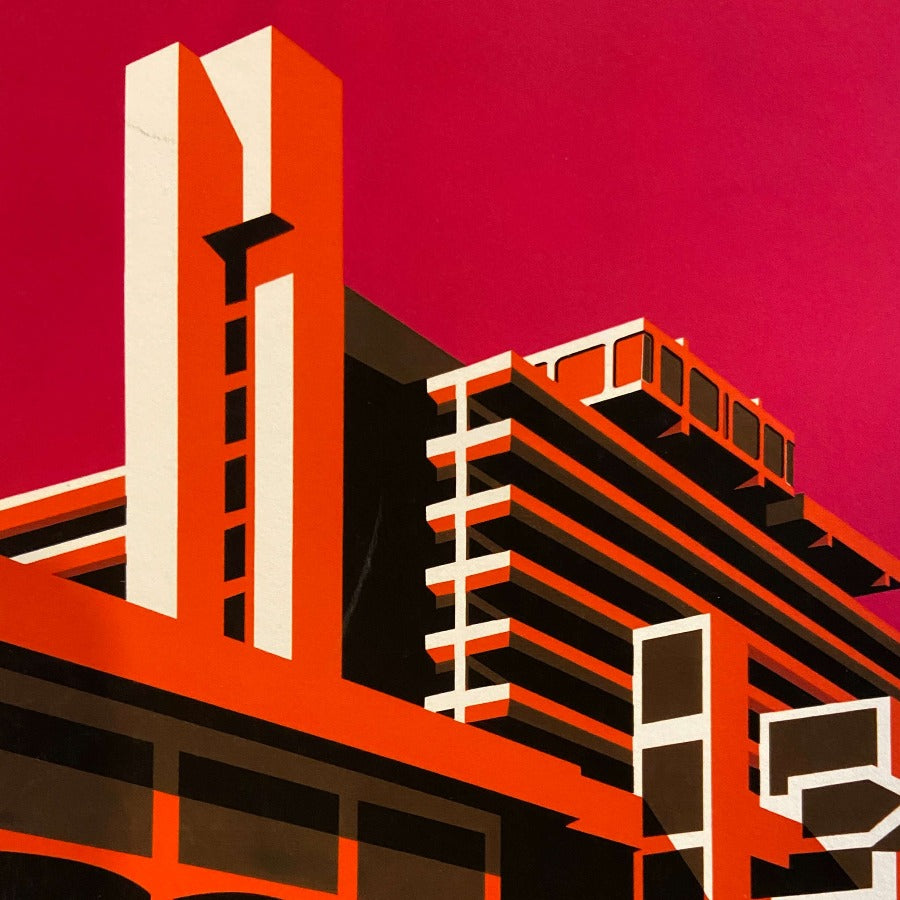 Get Carter by Mike Pinkney, a colourful screenprint of a car park in pink, orange and white. | Limited edition art prints at The Biscuit Factory Newcastle