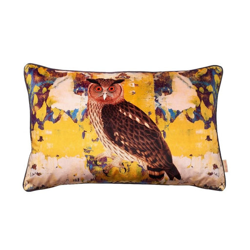 Giallo Eagle Owl Velvet cushion by Susi Bellamy, an oblong cushion with yellow and purple pattern behind an Eagle Owl. | Original homewares for sale at The Biscuit Factory Newcastle