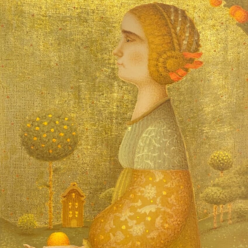 Golden Apple by Alexander Shibniov, a gold toned painting of a woman holding an apple. | Original art for sale at The Biscuit Factory Newcastle