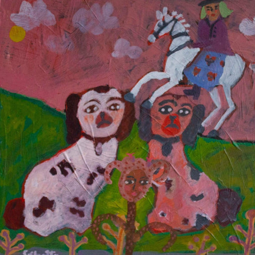 Good Companions by Sudeshna Chattopadhyay, an original folk art painitng depicting two dogs and a person on a horse. | Original art for sale at The Biscuit Factory Newcastle.