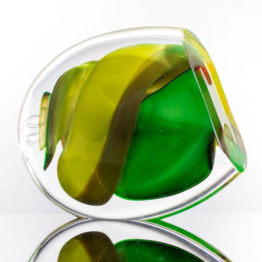 Green Yellow Cut Vortex Pod by Phil Vickery, an original glass sculpture with green and yellow colours | Original handmade art for sale at The Biscuit Factory Newcastle.