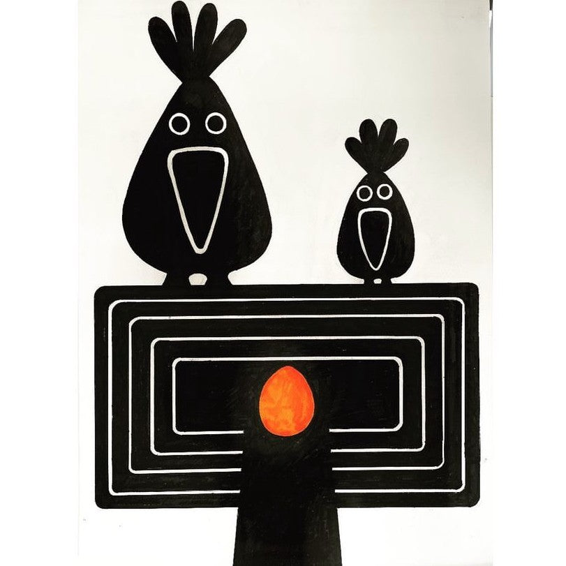 Guards by Michael Disley, an art print of two birds sitting on an oblong shape with an orange egg. | Art prints for sale at The Biscuit Factory Newcastle