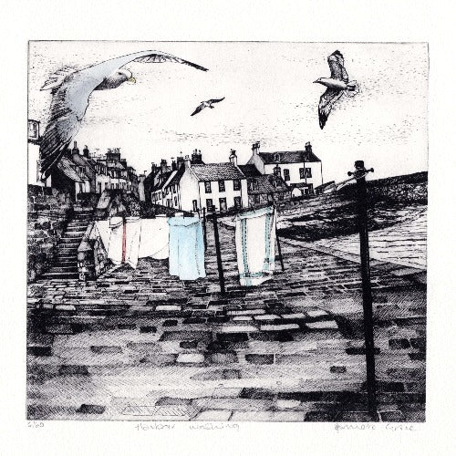 Harbour Washing by Pamela Grace, a handmade etching print of washing on a line. | Original art for sale at The Biscuit Factory Newcastle
