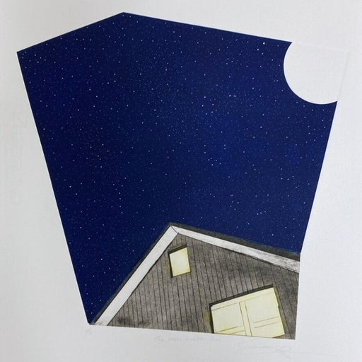 Have You Seen The Moon by Sarah Morgan, an etching of a house and a night sky . | Original art for sale at The Biscuit Factory Newcastle