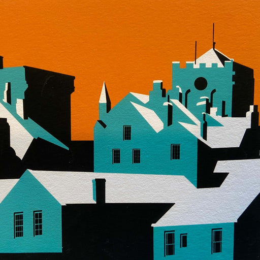 Hexham Snowy Night by Mike Pinkney, a graphic screenprint of an Hexham town rooftops in blue, orange and white. | Limited edition art prints for sale at The Biscuit Factory Newcastle