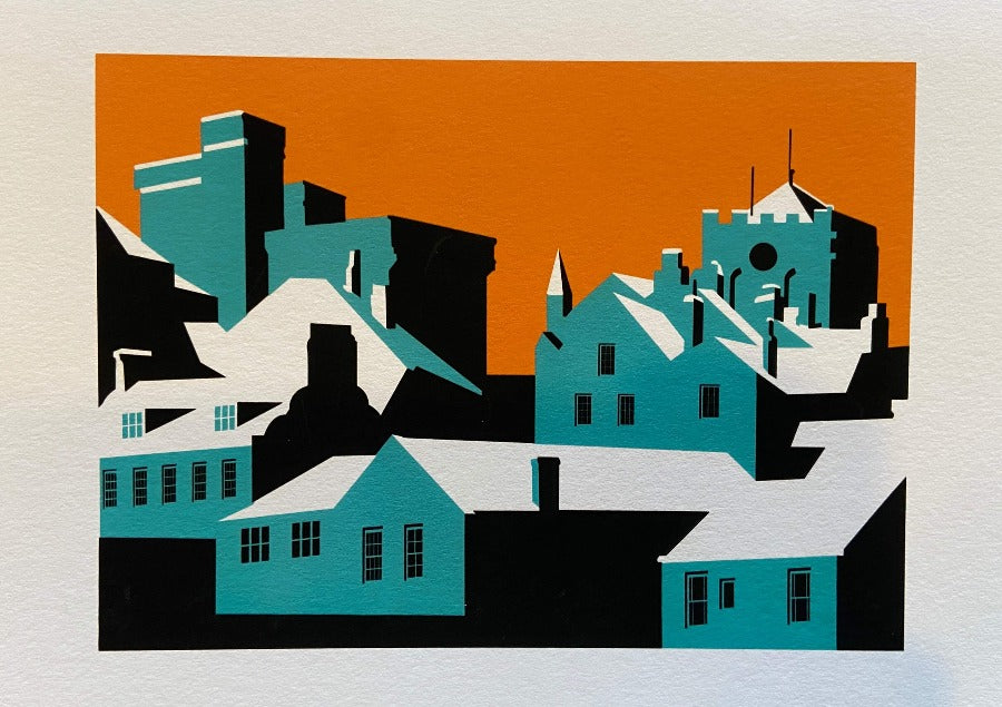 Hexham Snowy Night by Mike Pinkney, a graphic screenprint of an Hexham town rooftops in blue, orange and white. | Limited edition art prints for sale at The Biscuit Factory Newcastle