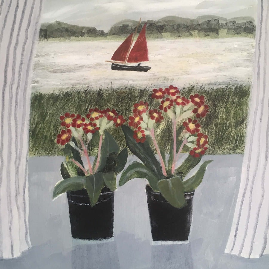 High Tide From the Window by Barbara Peirson, an original painting of a coastal view from a window with flowering plants on the windowsill.
