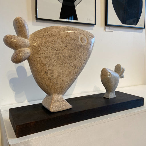 Home Birds by Michael Disley, a stone sculpture of a large and small bird on a wooden plinth. | Original sculpture for sale at The Biscuit Factory Newcastle