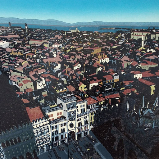 In the Shadow of St Mark's, Venice, original art for sale by Kevin Holdaway at The Biscuit Factory art gallery in Newcastle. Image shows a relief print of the city of Venice with St Mark's Basillica in the foreground.