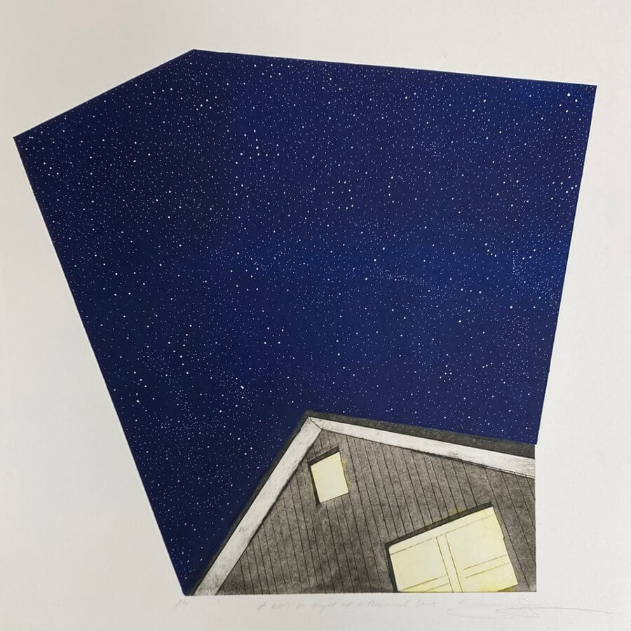 It Was a Night of a Thousand Stars by Sarah Morgan, an etching of a house and a night sky . | Original art for sale at The Biscuit Factory Newcastle