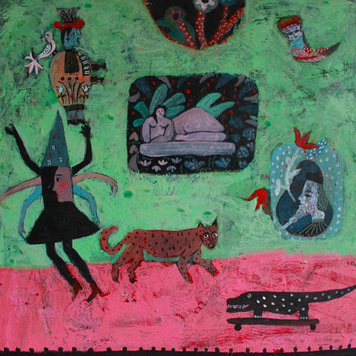Juggler by Sudeshna Chattopadhyay, an original folk art painting depicting animals and people. | Original art for sale at The Biscuit Factory Newcastle.
