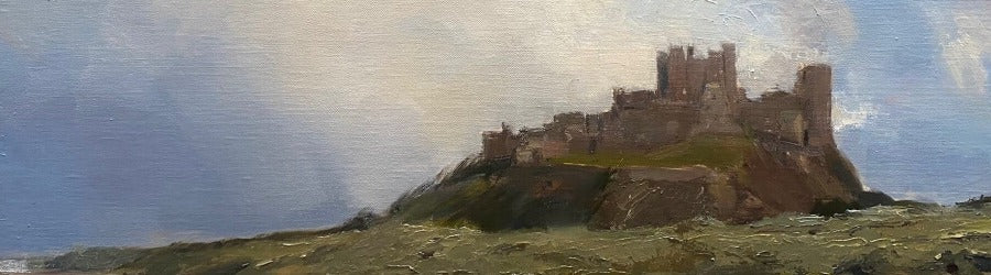 Clearing Skies, Bamburgh by Kevin Day, an oil painting of Bamburgh Castle and the beach. | Original contemporary art for sale at The Biscuit Factory Newcastle