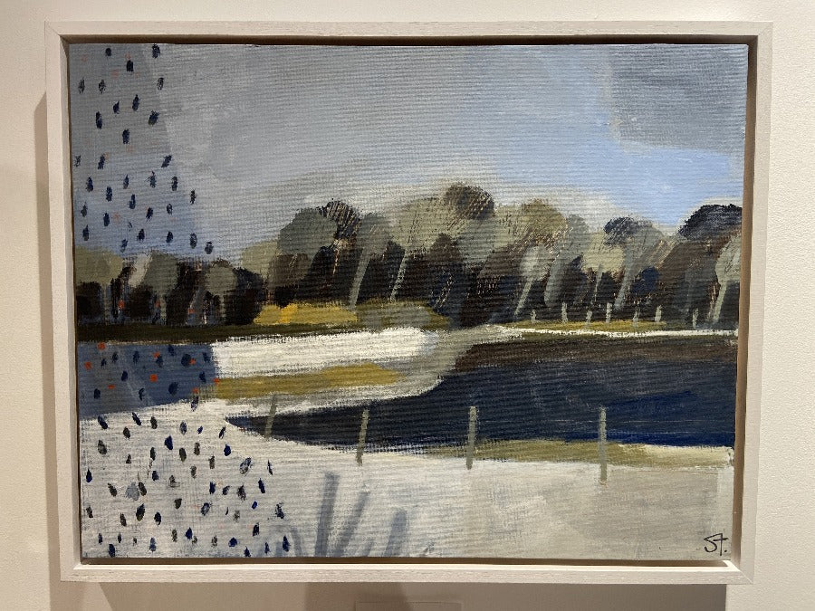 Image shows the painting 'Lake from the Window' by Michael St Clair hanging on a white wall at The Biscuit Factory art gallery.