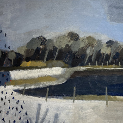 Image shows part of a painting titled 'Lake from the Window' by artist Michael St Clair for sale at the Biscuit Factory. The painting is of a blue lake with trees and fields around it.