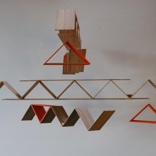 Lattice Beams Mobile by Andy Pickering- A handmade original mobile sculpture with hanging wooden blocks on wire. | Original artwork for sale at The Biscuit Factory Newcastle.