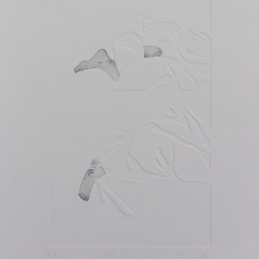 Lazy Bones by Sarah Morgan, an embossed etching of a pair of feet sticking out from the end of the bed. | Original art for sale at The Biscuit Factory Newcastle
