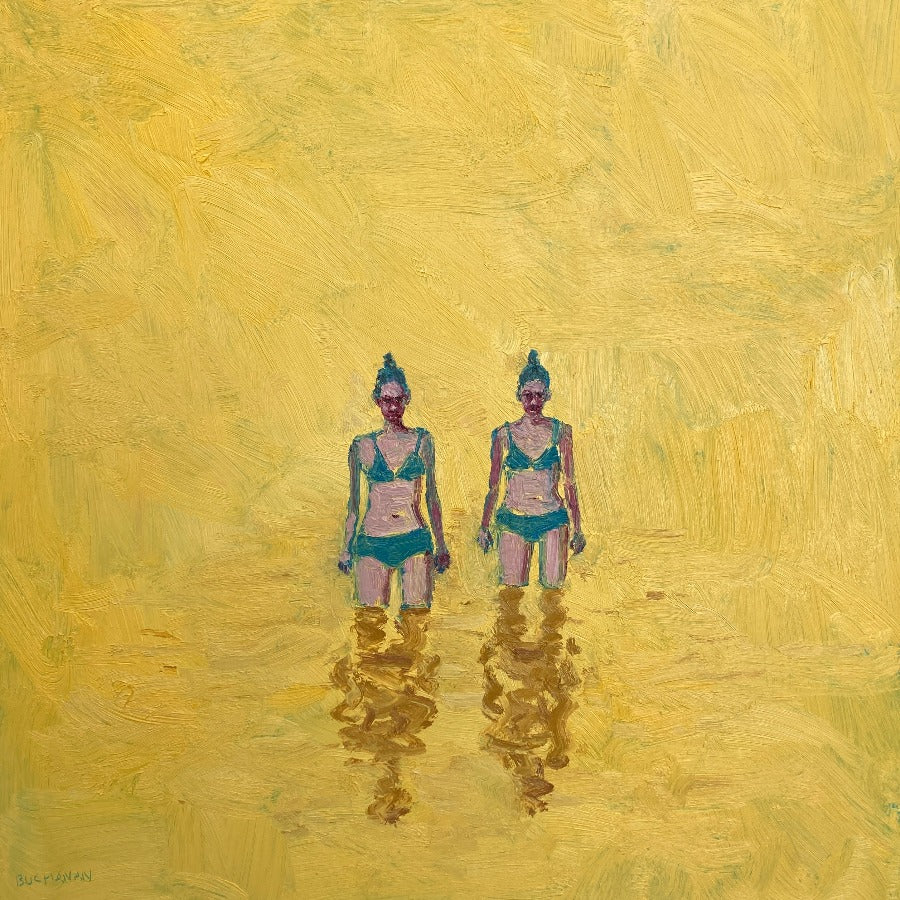 Les Baigneuses by Stuart Buchanan, an original oil painting of a two figures in a yellow landscape. | Contemporary art for sale at The Biscuit Factory Newcastle