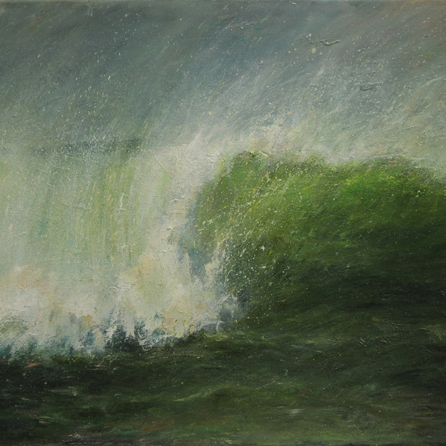 Light Through the Waves by Jim Wright, an original painting of green ocean waves. | Original art for sale at The Biscuit Factory Newcastle