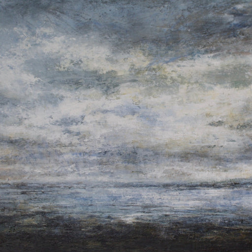 Buy 'Lindisfarne Causeway at low tide Northumberland', an atmospheric landscape by Sue Lawson. Image shows a painting of a coastal scene in stormy blues and greys with pale yellow highlights. 