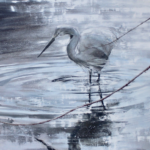Little Egret, Little Petherick Creek, Cornwall by James Fotheringhame, an original oil on canvas painting of a egret. | Contemporary art prints for sale at The Biscuit Factory Newcastle.