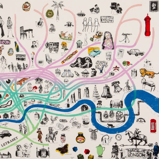 Made in London by Mychael Barratt, an etching print depicting London through pop culture iconography. | Limited edition art prints for sale at The Biscuit Factory Newcastle. 