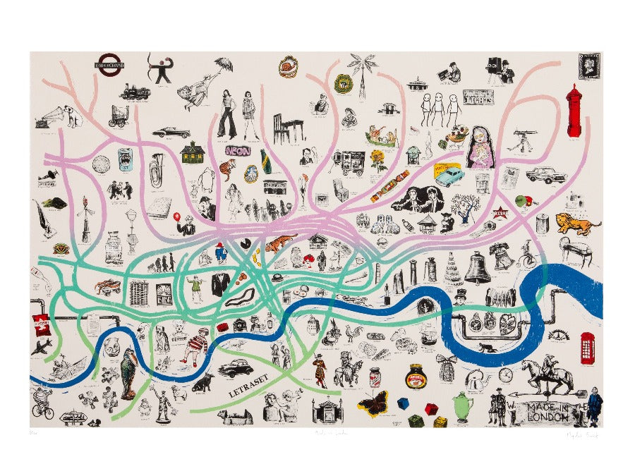 Made in London by Mychael Barratt, an etching print depicting London through pop culture iconography. | Limited edition art prints for sale at The Biscuit Factory Newcastle.