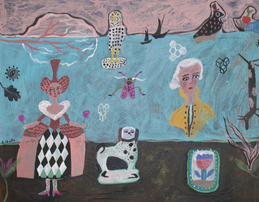 Man's Best Friend by Sudeshna Chattopadhyay, an original folk art painting depicting animals and people. | Original art for sale at The Biscuit Factory Newcastle.