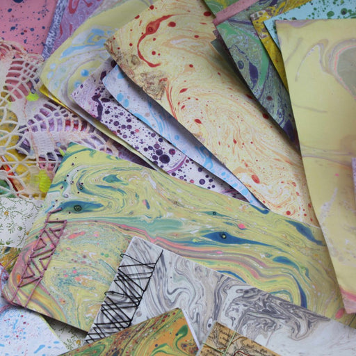 Marble and book binding workshop by Kim Searle - Darn it! Workshops. A collection of colourful marbled papers. | Creative workshops at The Biscuit Factory Newcastle