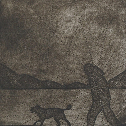 Me and My Pal by Sarah Morgan, an etching of a man walking a dog. | Original art for sale at The Biscuit Factory Newcastle
