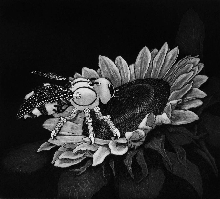 Mechanic by Ade Adesina, an etching print of a mechanical bee on sunflower | Limited Edition prints for sale at The Biscuit Factory Newcastle
