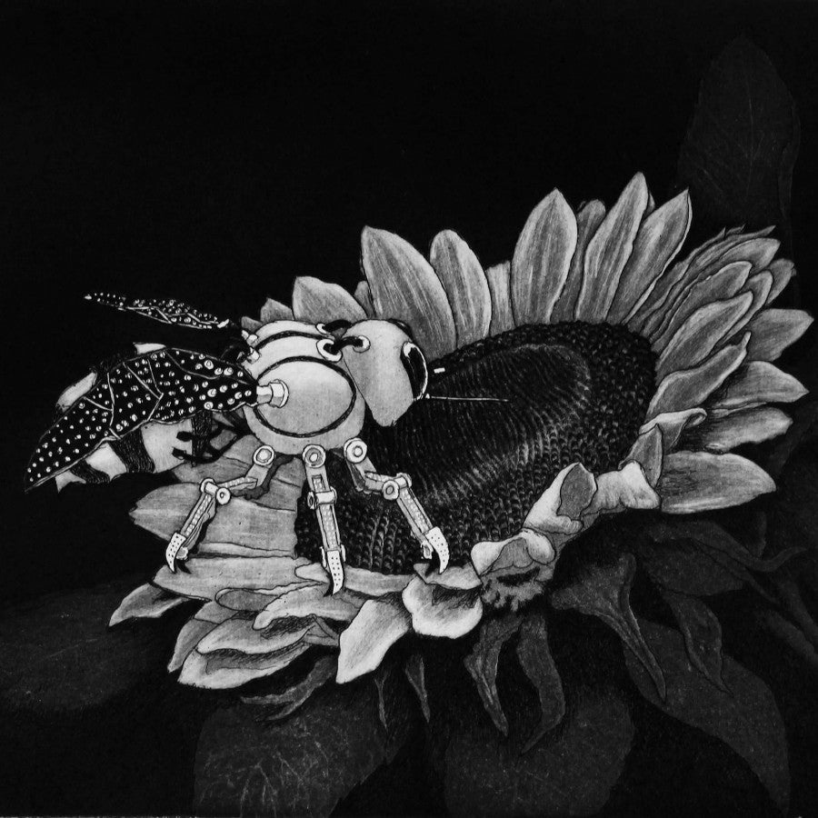 Mechanic by Ade Adesina, an etching print of a mechanical bee on sunflower | Limited Edition prints for sale at The Biscuit Factory Newcastle