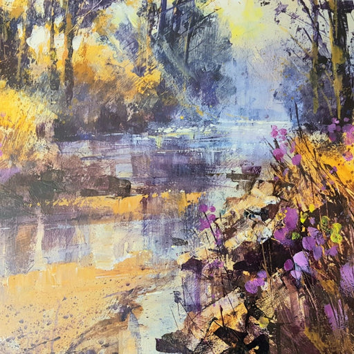 Mist and Pink Thistles by Chris Forsey, an expressive landscape painting ofa river bank. | Original landscape paintings for sale at The Biscuit Factory