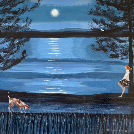 Moon Over The Water by Barbara Peirson,  an original painting of a person and a dog by a lakeside at night time.