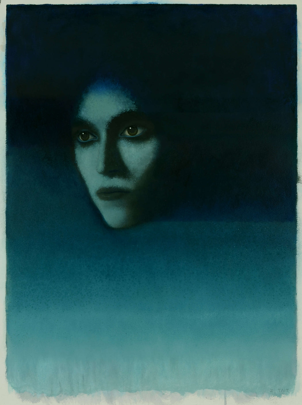 Morning Star by Erlend Tait, original oil painting of a person's face in blue in blue tones. | Original portrait art for sale at The Biscuit Factory Newcastle.