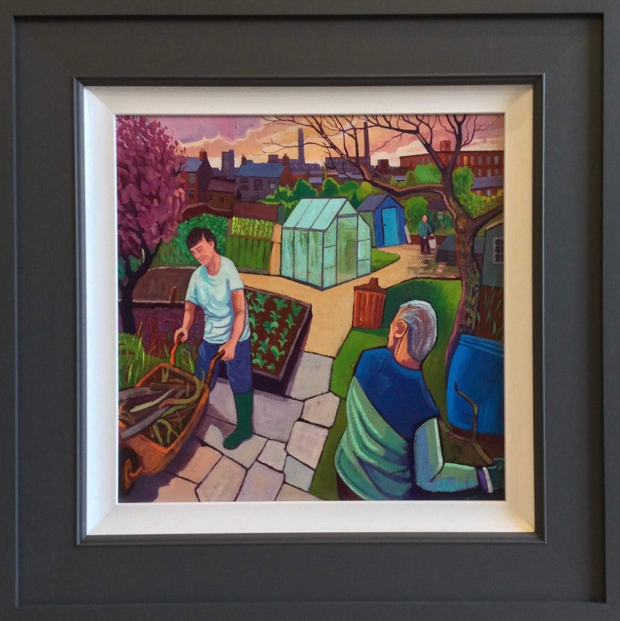 Neighbours by Chris Cyprus, an original oil painting of people working n allotments. | Original art for sale at The Biscuit Factory Newcastle.
