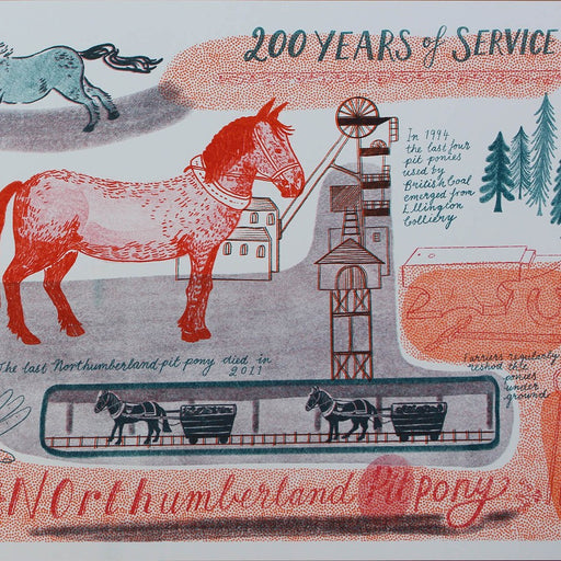 Northumberland Pit Pony by Trina Dalziel, a risograph print of horses and mining imagery. | Original art for sale at The Biscuit Factory Newcastle. 