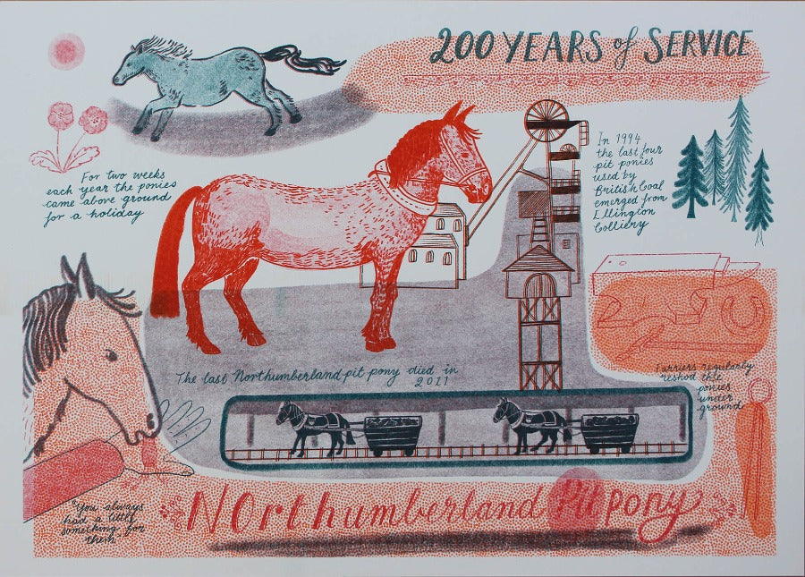 Northumberland Pit Pony by Trina Dalziel, a risograph print of horses and mining imagery. | Original art for sale at The Biscuit Factory Newcastle. 